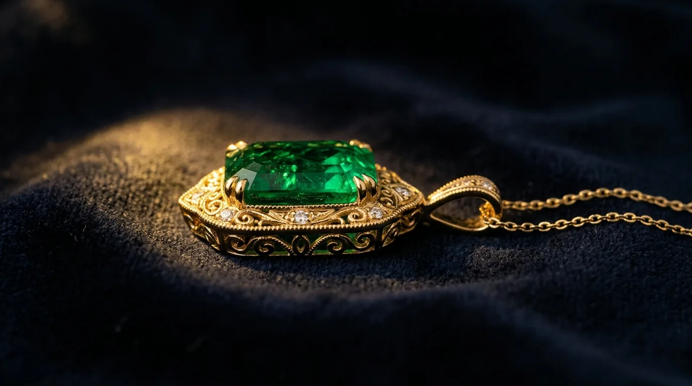 Pendentif émeraude serti en or jaune 18 carats sur velours noir