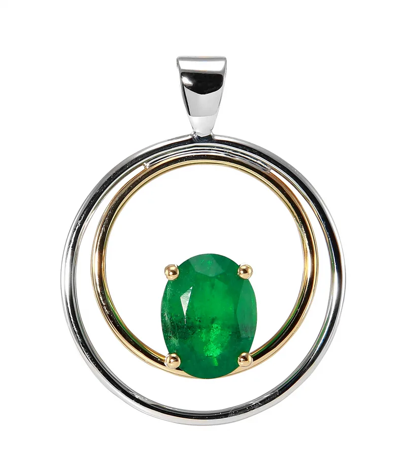 Pendentif Femme Emeraude Ovale 9x7mm Or Jaune et Blanc 750
