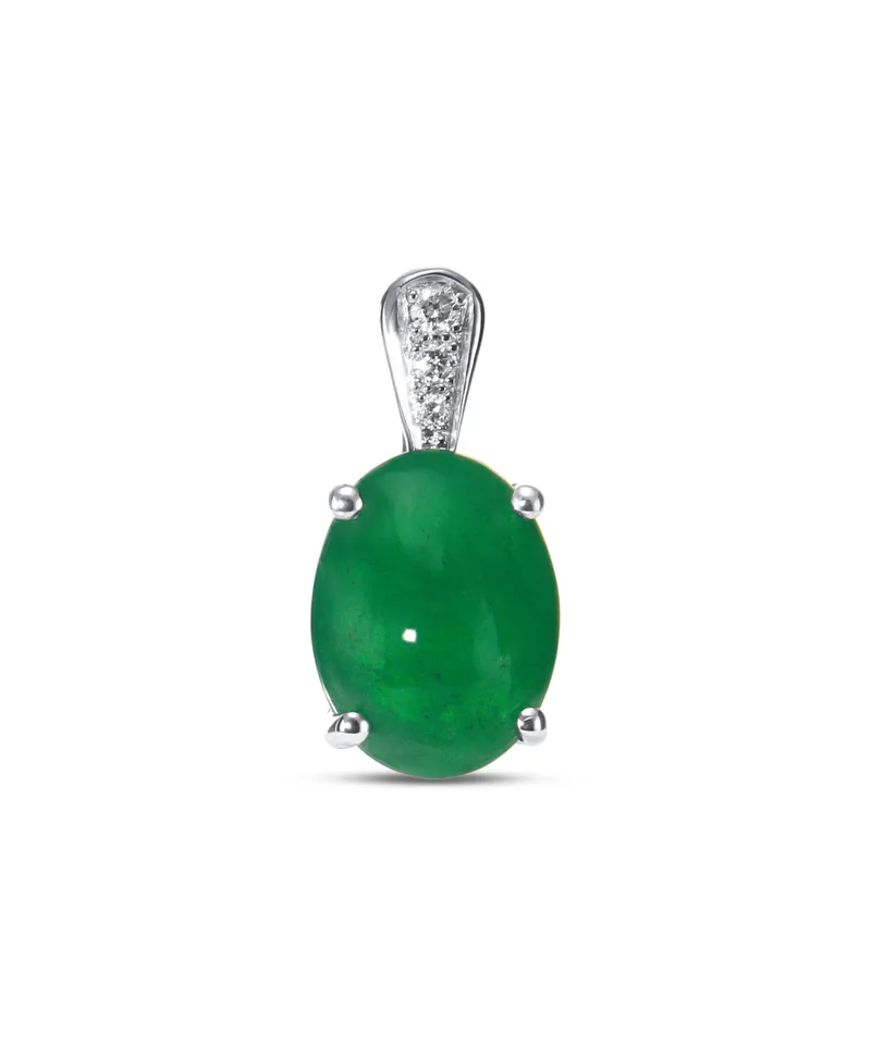 Pendentif Femme Emeraude Cabochon 10x8mm et Diamants Or Blanc 750