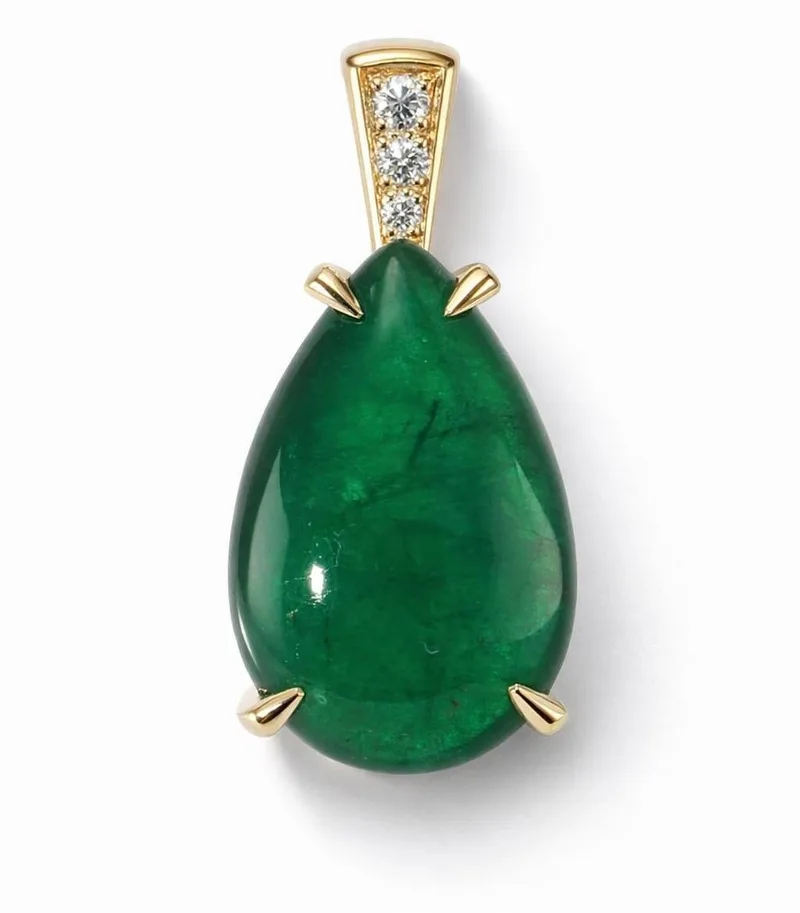 Pendentif Femme Emeraude Cabochon Poire et Diamants Or Jaune 750
